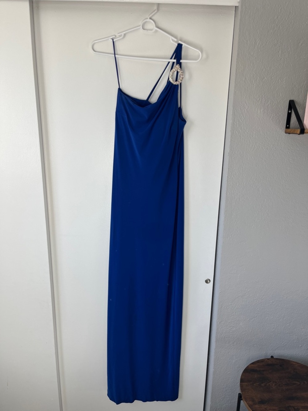 Blue One-Shoulder Evening Dress with Buckle Detail